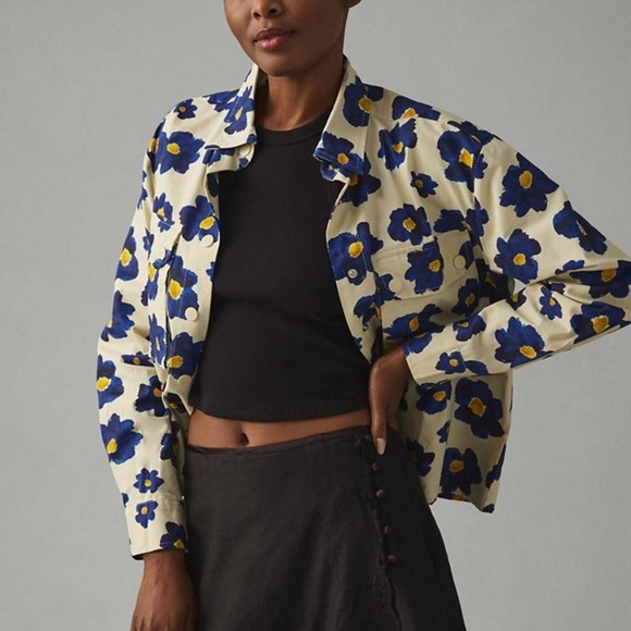 Anthropologie Jackets & Blazers - PepaLoves | Anthropologie | Floral Print Cropped Jacket in Cream and Blue